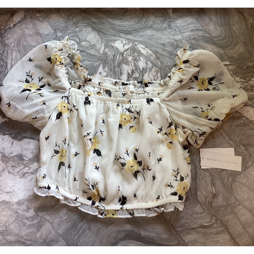 Society + Stitch White Floral Chiffon Square Neck Crop Top Puff Sleeve Small NEW